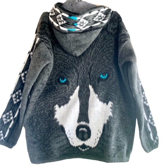 Handmade in Ecuador Wool Wolf Hooded Jacket Zip Coat 46 XL - Picture 2 of 11